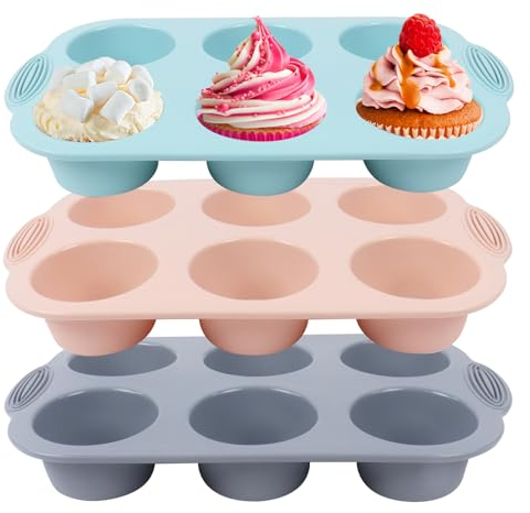 Gzsekken Silicone Cupcake Tray 3 Pack Deep and Jumbo Muffin Tray, 6 Cup Large Silicone Muffins Pan, Non-Stick Silicon Mould Bakeware, for Yorkshire Pudding, Bun, Cupcakes, 30 x 17.7 x 3.8 cm