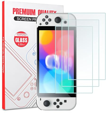 NHQZ Lot de 3, pour Nintendo Switch modèle OLED,sans Bulles HD, Anti-Fissures Résistant aux Rayures, Facile à Installer Ultra Résistant (0,33mm HD Ultra Transparent) Dureté 9H Glass