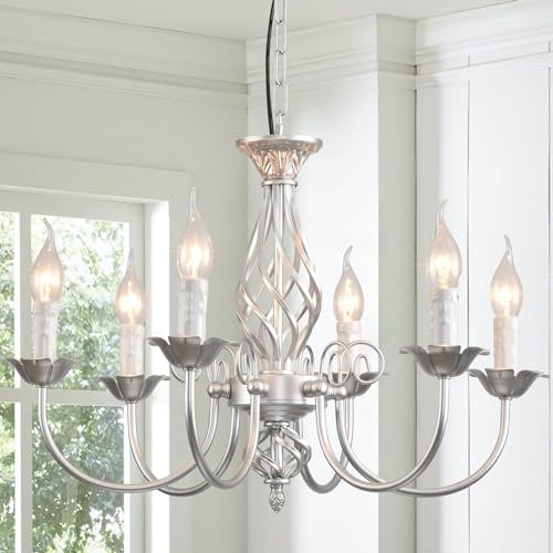 JIINOO Lámpara de araña de campo francés,Lámpara rustica,Lampara ajustable de altura vintage de plata,Lámpara colgante de granja de 6 luces para cocina,comedor,sala de estar