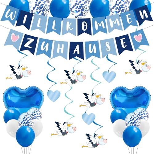 Taskicraft Willkommen Zuhause Baby Deko - Welcome Home Baby Girlande Luftballon Deko Blau Storch Geburt Für Draussen Herzlich Willkommen Girlande Dekoration Welcome Home Baby Willkommen Zuhause Deko