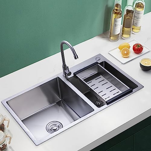 Fregadero doble de acero inoxidable, fregadero de cocina empotrable, fregadero de acero inoxidable con escurridor, fregadero doble de acero inoxidable, 78 x 43 x 21 cm