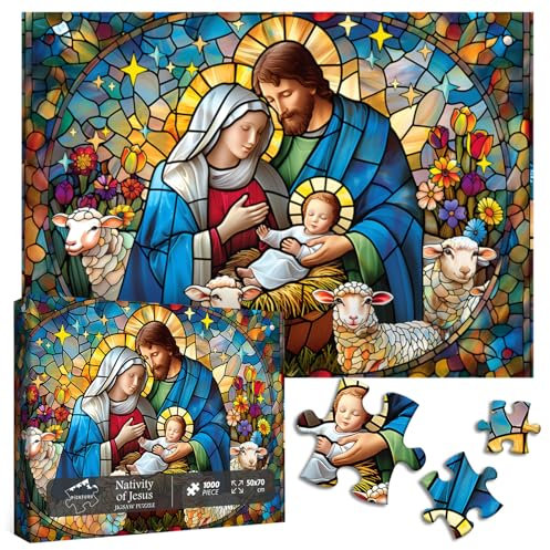 PICKFORU Jesus Stained Glass Puzzles for Adults 1000 Pieces and up, Colorful Christmas Nativity Jigsaw Puzzle, Difficult Mosaic Jigsaw Puzzles as Home Decor