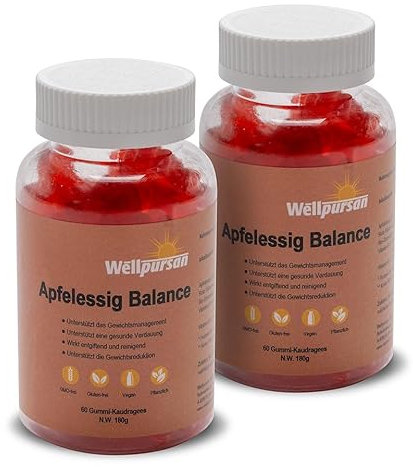 Wellpursan Apfelessig Balance Gummidrops 1.000 mg - 120 Kaudragees für 60 Tage, mit Granatapfel und Roter Rübenwurzel, angereichert mit Vitamin B9 & B12, 100% vegan & glutenfrei