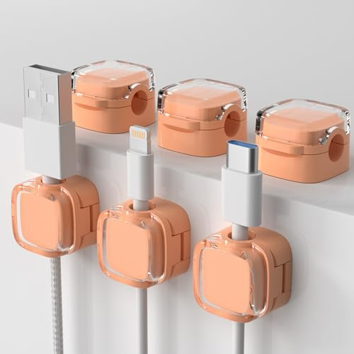 Tkekruh 6 Pcs Charging Cable Magnetic Cable Organizer Storage Holder, Magnético Clips para Cables Autoadhesivos, Soporte organizador de cables, clips magnéticos para cables de escritorio, Naranja