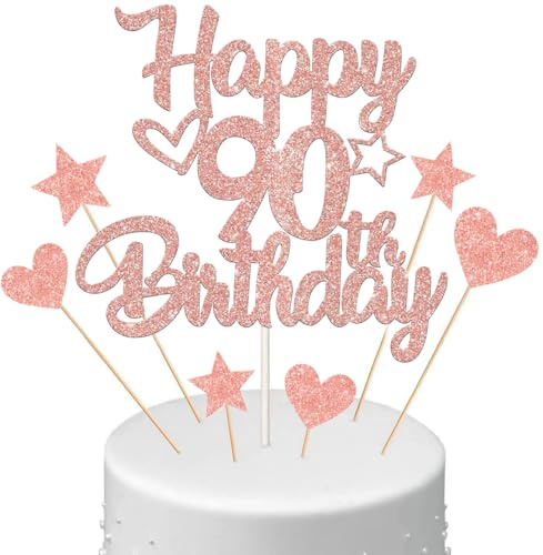 Anlgdi Tortendeko Happy Birthday Deko Kuchendeko 90. Geburtstag Frau, Kuchen Topper Happy 90th Birthday Roségold, Cake Topper 90 Jahre Torte Kuchen Deko für Geburstagstorte Deko 90. Frauen