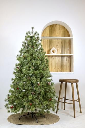 SOLAGUA NAVIDAD Albero di Natale autoassemblante Decorato con pino fiorito con ananas e bacche rosse Abete extra riempito da 150-210cm con supporto in metallo (Fiore Verde, 180cm 587Tips)