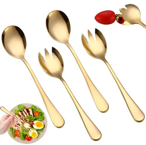 2 Set de Cubiertos para Ensalada Acero Inoxidable, Cucharas Y Tenedores para Ensalada, Cucharas de Ensalada con Asas, Cubiertos para Ensalada Pulido, Apto para Lavavajillas, para Cocinas Fiestas(Oro)