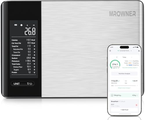 MrOwner Smart Food - Bilancia da cucina con calcolatrice nutrizionale, app gratuita con 19 nutrienti per tracciare, calorie, marco, peso digitale in grammi e once per la perdita di peso, in acciaio