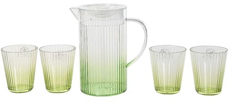 Decoris Bicchieri con caraffa in plastica, set da 5 pezzi, bicchieri e brocca, set di bicchieri con caraffa, bicchieri per acqua, succhi di frutta, limonata, verde trasparente