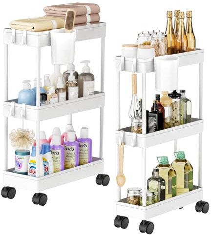 Shrivee Pack of 2 Carrito Auxiliar Baño con Ruedas 3 Niveles Ahorro de Espacio Carro Organizador con Ganchos y Tazas de Cocina Oficina (Blanco)