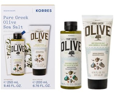 KORRES Körperpflege Vorteilsset Olive Sea Salt, für Damen und Herren, aromatischer Duft von Meersalz vereint mit Olivenduft, Duschgel 250 ml und Bodymilk 200 ml, silikon- und parabenfrei, vegan