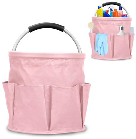 Tefola Cleaning Caddy Organiser, Cleaning Bucket Organiser with Handle, Foldable Cleaning Bag, Portable Multi Pocket Large Capacity Cleaning Caddy Bag for Home Car Garden Camping Washing (Pink)