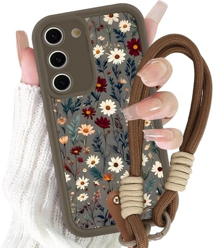 Yirlbey Coque pour Samsung Galaxy S23 5G avec Cordon de Bracelet, Silicone Étui avec Aesthetic Fleur Motif Flower Design, Antichoc Housse avec Lanyard Cover Case pour Samsung S23 5G 6,1, Brun
