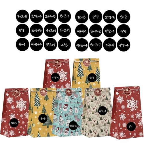 HERZWILD 24pcs Adventskalender zum Befüllen Papier Weihnachtstüten mit Zahlenaufkleber Weihnachtskalender DIY Bastelset, Adventstüten zum Befüllen für Weihnachten (F-24pcs)