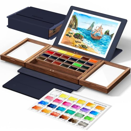 LIGHTWISH Künstler Aquarell Set 24 Farben - Premium Reise-Wasserfarben in Walnussholz Box mit blauem Mattleder-Etui, Profi Pigmentkonzentration lichtbeständig für Outdoor Malerei