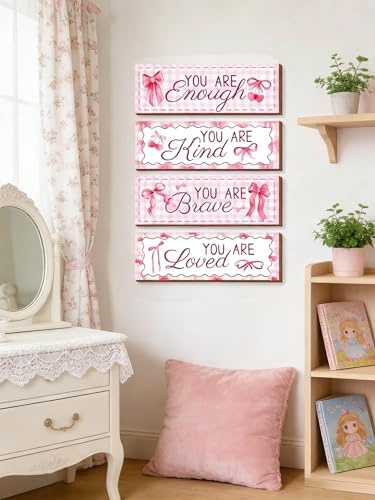 MINWEGI Girls Bedroom Accessories & Decor 4PCS Pink Wall Art with Bows, Wooden Inspirational Quote Signs for Teen Girls Room, Bedroom, Bathroom & Living Room Wall Decor, Cute Room Decor (29x10cm)