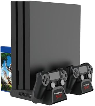 Cooling Stand for PlayStation 4 Accessory Kits, Cooling Fan Station for PS4 Slim/Pro/PlayStation 4 Consoles, Pro Vertical Stand with Dual Controller EXT Port Charger Dock Station & 12 Game Slots