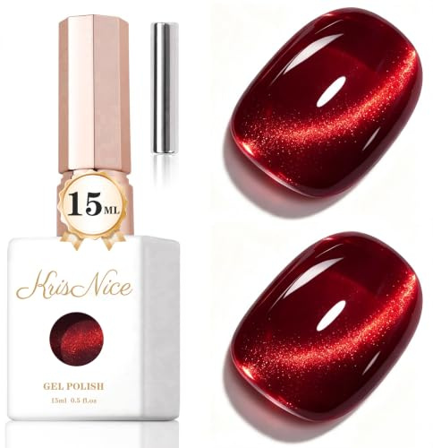 KRISNICE Jelly Glass Cat Eye Gel Polish with Magnet 15ML Holographic Glitter Shimmer Translucent Sheer Color Magnetic Nail Polish Salon DIY at Home (Dreamy Cherry Red, MY036)