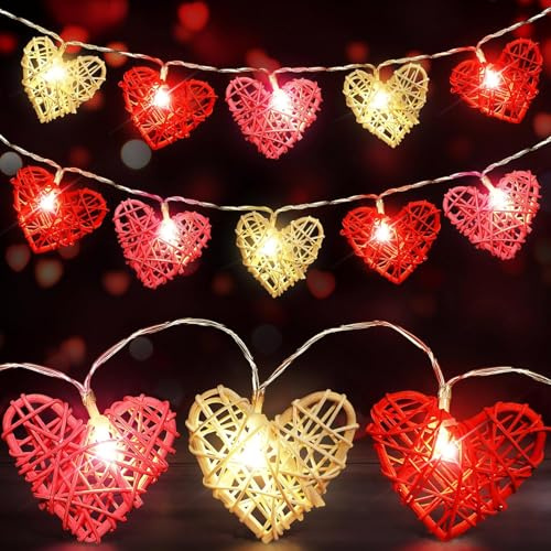 ALEGRE® Lichterkette Herzen mit Batterie, 1,5M 10 LED Herz Lichterkette, Retro Rattan Valentinstag Herzförmige Lichterketten Innen, Herzlichterkette für Valentinstag, Weihnachten, Hochzeit, Jahrestag