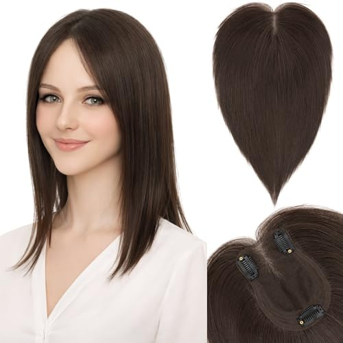 S-noilite Echthaar Toupets für Frauen Dunkelbraun - 9x12cm Haar Toppers Clip in Haarteile Echthaar mit Seitenpony 35 Gramm 30cm