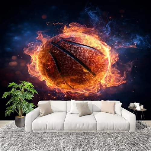 Bedroom No Overlap Wallpaper Mural 400X280 cm 3D Fire Football Art Non-Woven Premium Photo Wallpaper Peel and Stick Black Non-self-Adhesive Home Room Decoration Wall Stickers