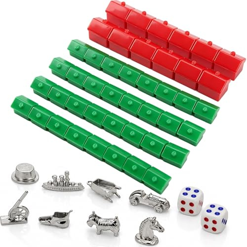 ZhouWei 54 Stück Hotel Spiel Ersatzteile Brettspiele Set aus Kunststoff | Hotelspiel Ersatzteile Hotel Brettspiel Häuser Hotels Set 12 Rote Hotels 32 Grüne Häuser 8 Spielfiguren 2 Würfel