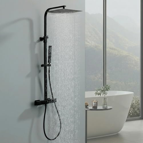 HOMELODY Duscharmatur Komplettset Schwarz Matt, 30X30cm Edelstahl Duschset | Duschsystem mit Thermostat Großer Duschkopf - Duschgarnitur mit Regendusche, Höhenverstellbarer Duschset 85-110cm Regendusche