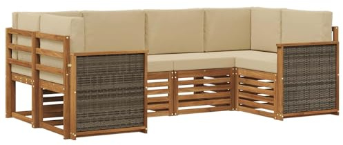 GeenYuu Ecksofa Set 5-teilig aus massivem Akazienholz und Polyester, Naturfarben, wetterbeständig, mit abnehmbaren Sitzkissen, modulare Wohnlandschaft für Garten, Terrasse und Wohnzimmer
