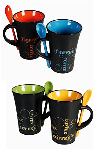 EuroDiscount Kaffeebecher Kaffeetassen Keramik farbig sortiert mit Löffel Coffee Motiv 300 ml 4 Stück Set