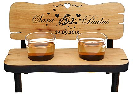 FORYOU24 Hochzeitsbank für Schnapsgläsern und Gravur Ringe Hochzeitsgeschenke für Brautpaare - Personalisiertes Geschenk zur Hochzeit - Geschenke zum Jahrestag/Hochzeitstag