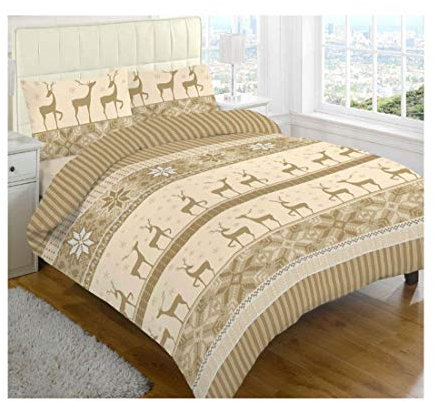 DIGITAL SPOT Luxus-Thermo-Biber-Bettwäsche-Set, Rentier-Motiv, gebürstete Baumwolle, Sheet Set Natural Single, Einzelbett