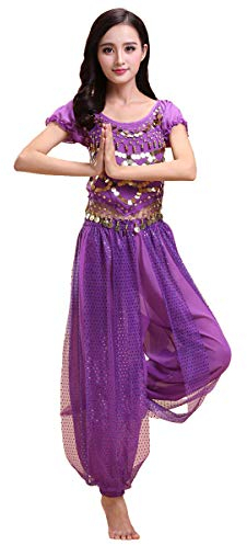 Grouptap Bollywood Indian Princess Theme Bauchtanz 2-teiliges Kostüm Set Outfit für Frauen Mädchen mit Oberteil und Hose (150-170cm, 30-60kg) (Violett)