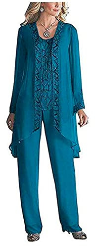 Women's 3 Pieces Chiffon Dress Mother of The Bride Pants Suits with Beaded Jacket Wedding Outfit Evening Gown Teal UK12