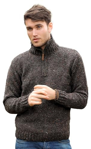 Aran Crafts - Maglione da uomo irlandese con mezza cerniera, 100% lana Donegal - Marrone - M