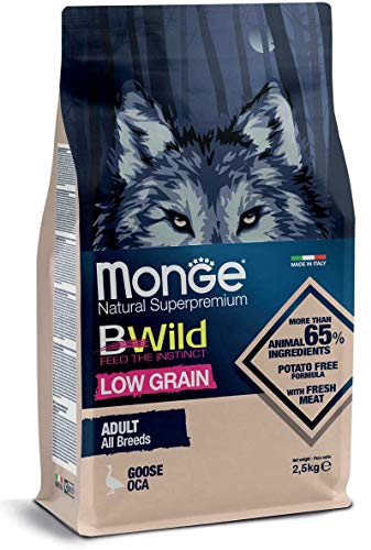 Monge BWILD Adult Goose, Hundefutter für alle Rassen (Trockenfutter für Hunde mit Gänsefleisch, Hunde Trockenfutter mit wenig Getreide, sehr Ballaststoff- & Vitaminreich, Inhalt: 12 kg)