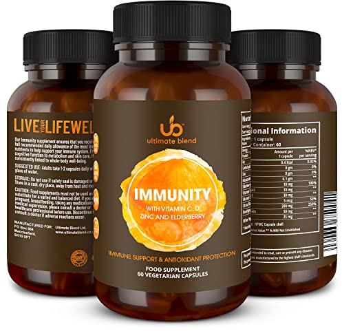 Ultimate Blend Immunity with Vitamin C, D, Zinc and Elderberry | Immune & Antioxidant Support | Boosts Energy, Supports Immunity | for Healthy Hair, Skin, Bones – 60 Vegan Capsules