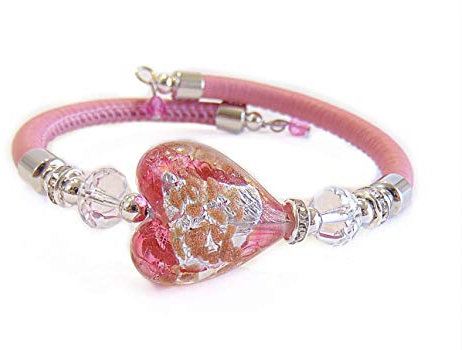 VENEZIA CLASSICA - Bracciale da Donna con Cuore in Vetro di Murano Originale e vera pelle Toscana, Collezione Tuscany, con foglia in argento e oro 24kt, Made in Italy certificato (rosa)