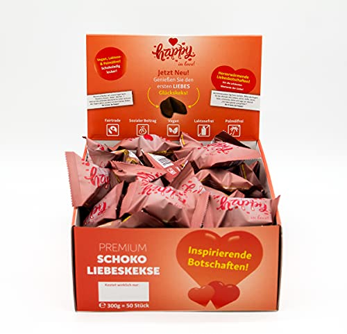 Happy in love - 50er Box - der neue premium Schoko Liebeskeks - vegane, palmölfreie, fairtrade Schokoglückskekse mit Liebestexten
