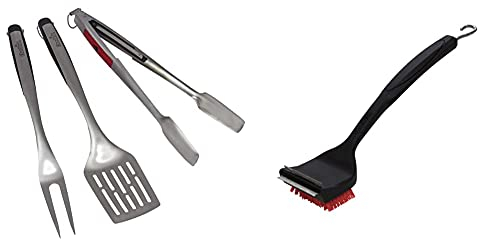 Char-Broil 140 767 - Comfort Grip 3-teiliges Grillbesteck, Edelstahl. & 140 533-2-in-1 Cool-Clean Grillbürste, Nylon.