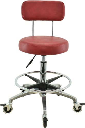 VAKON SALON - Rollhocker Rot mit Lehne und Fußring - Rollen mit Bremse - Höhenverstellbarer von 55-75 cm - Drehhocker Arbeitshocker Praxishocker