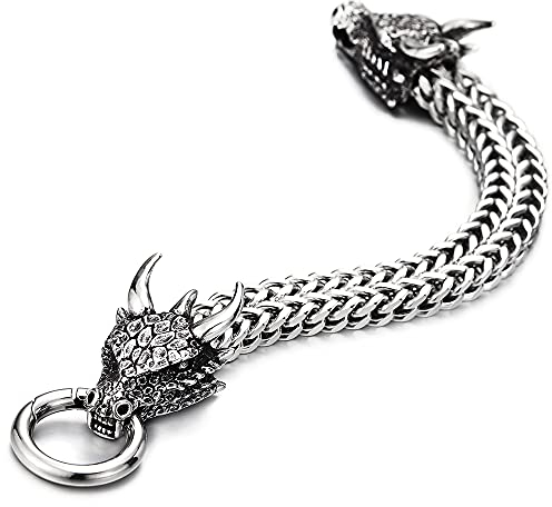 COOLSTEELANDBEYOND Herren Quadrat Franco Kette Panzerkette Armband aus Edelstahl Drachen Kopf mit Schuppe Spitzte Horn, Federringverschluss