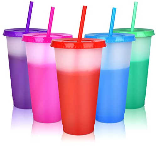 Plastikbecher Mehrweg mit Deckel & Strohhalm - 470ml Farbwechsel Becher, Erwachsene Kinder Partybecher Tasse Cup Travel Mug Kaffeebecher (5 Pack)
