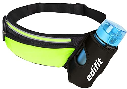Edifit, Riñonera Running, Cinturón Portátil para Correr, Hombre, Mujer, Riñonera Deportiva, Accesorios, con Porta Botella, Impermeable, con Cierre Cremallera, Correa Ajustable y Reflectante (Amarillo)