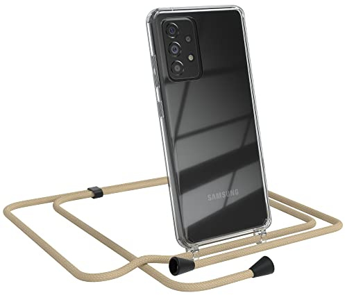 EAZY CASE Handykette kompatibel mit Galaxy A52 Handyhülle mit Umhängeband, Handykordel mit Schutzhülle, Silikonhülle, Hülle mit Band, Stylische Kette für Smartphones, Taupe - Clips Schwarz