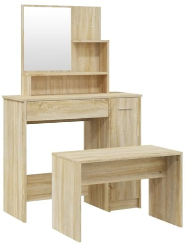 vidaXL Schminktisch Set Frisiertisch Kommode Frisierkommode Kosmetiktisch mit Hocker Spiegel Schminkhocker Schlafzimmer Sonoma-Eiche 86,5x35x136cm