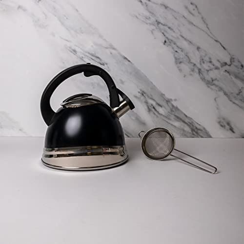 La Cafetière 2 L Steel Black Whistling Kettle and Stainless Steel Tea Strainer Set