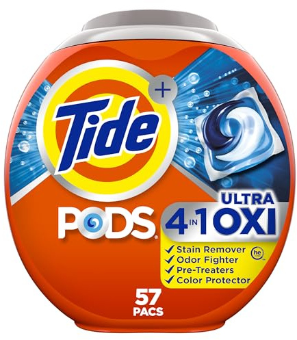 Tide 4-n-1 Ultra Oxi PODS Laundry Detergent Pacs, 57 Count, HE Compatible, Built in Pre-treater for Stains