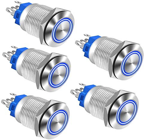 RUNCCI-YUN 5 Piezas 16mm Autobloqueo Pulsador de Metal DC 3A 12V-24V Acero Inoxidable Impermeable Interruptor de Botón Redondo para Coche Lámpara Timbre (Cabeza Plana) Anillo de Luz LED Azul