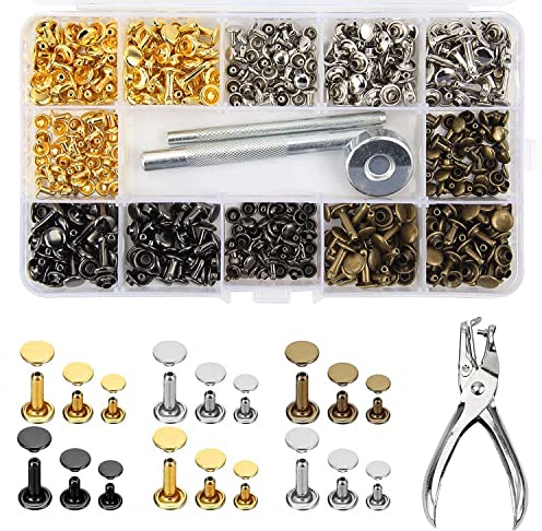 sinzau Lot de 360 rivets en cuir à double capuchon en 3 tailles Clous d'oreilles tubulaires en métal avec 3 outils de fixation pour le bricolage du cuir, l'artisanat du rivet, réparation ou