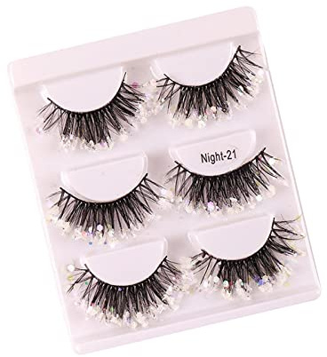 perfk 3 Paar leuchtende falsche Wimpern mit Pailletten, glitzernde Wimpern, wispy dramatische dekorative lustige Wimpern für Make-up, Cosplay, Kostüm, klar